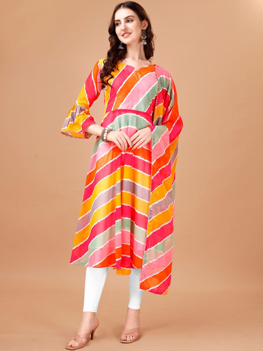 

PMD Fashion Striped V-Neck Bell Sleeves Gotta Patti Georgette Anarkali Kurta With Dupatta, Pink
