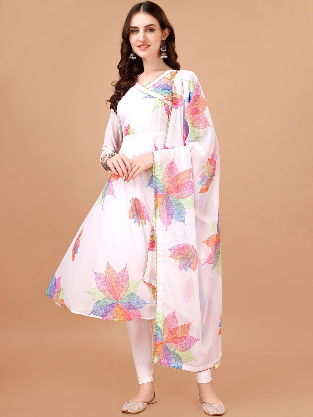 

PMD Fashion Floral Printed Georgette Angrakha A-Line Kurta With Dupatta, White