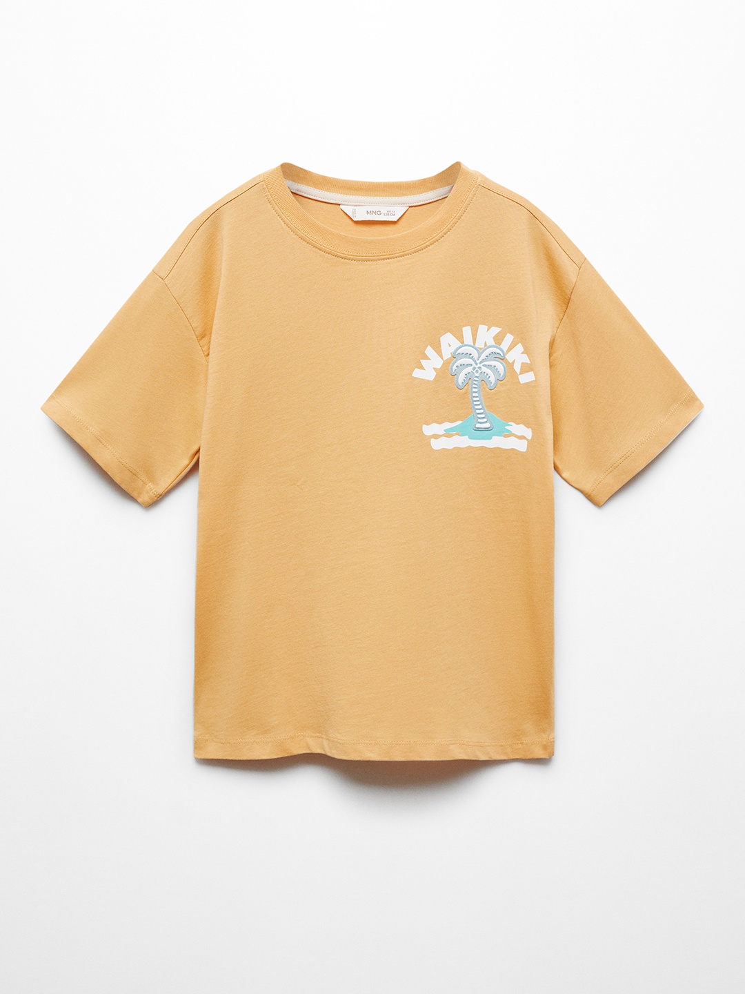 

Mango Kids Boys Printed Drop-Shoulder Sleeves Pure Cotton Applique T-shirt, Mustard