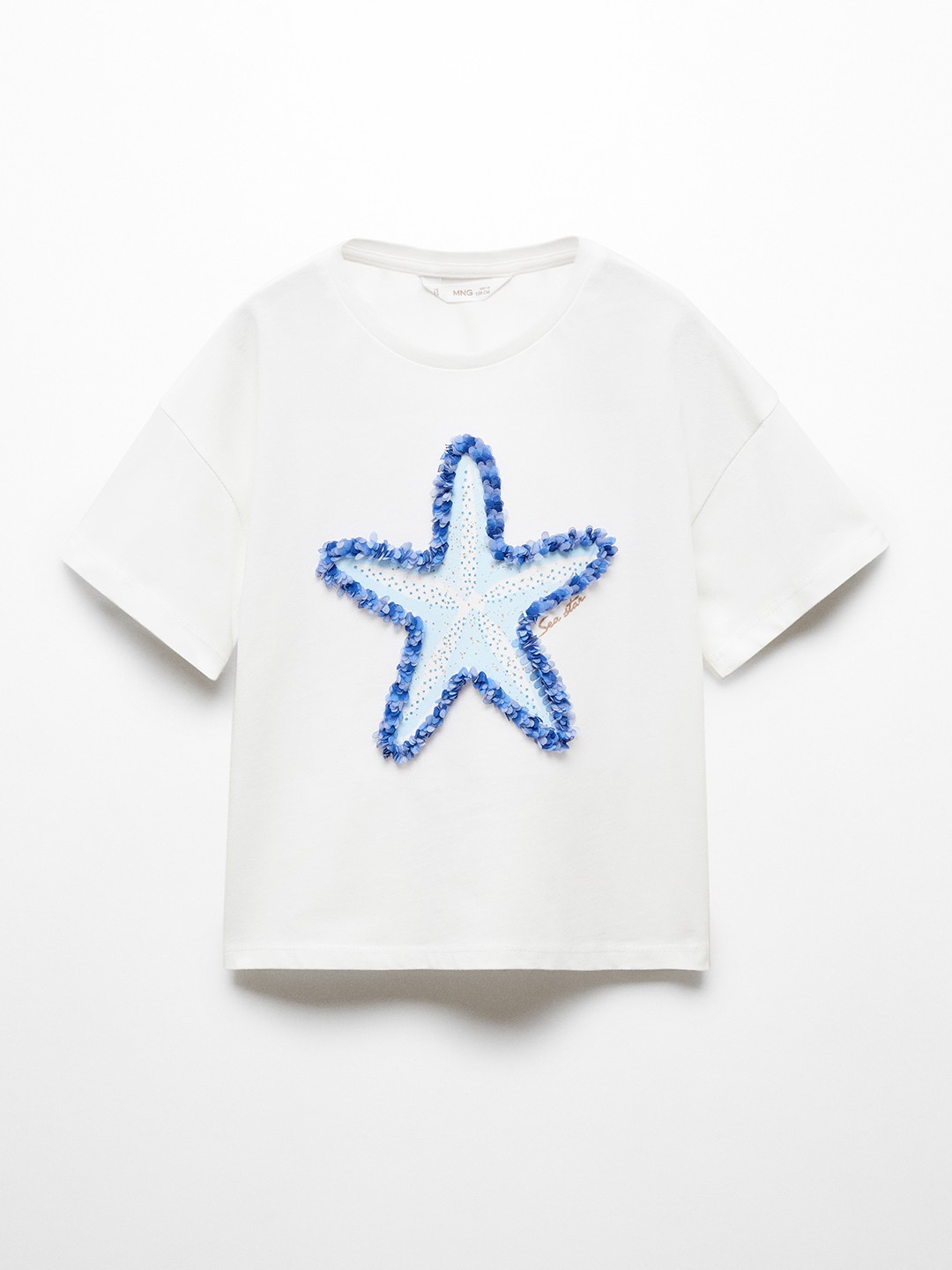 

Mango Kids Girls Printed Drop-Shoulder Sleeves Applique Cotton T-shirt, White