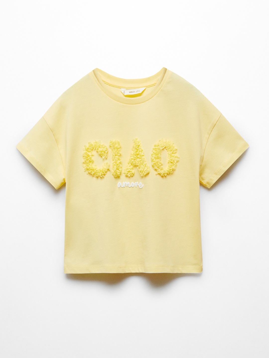 

Mango Kids Girls Typography Cotton Drop-Shoulder Sleeves Applique T-shirt, Yellow