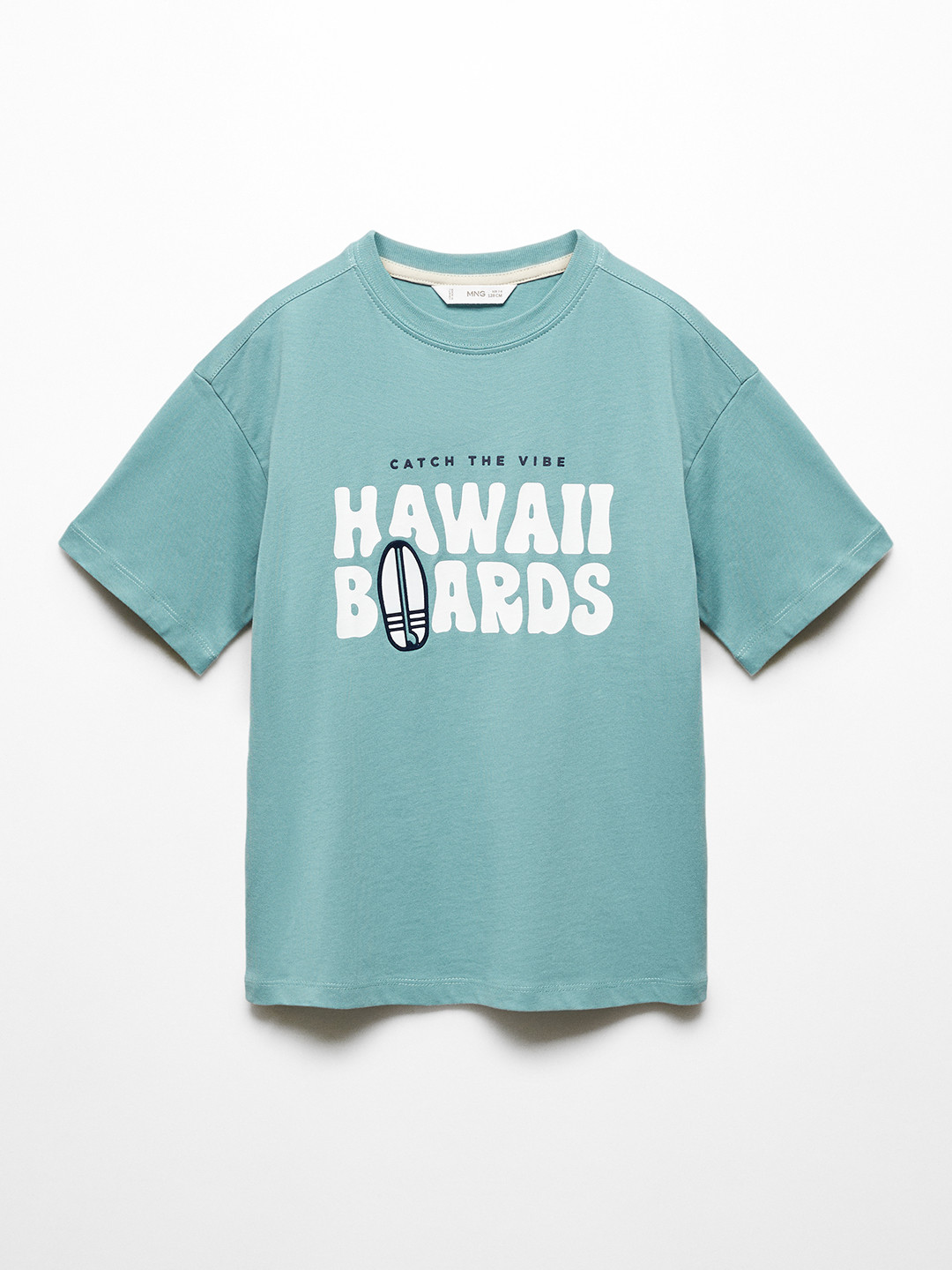 

Mango Kids Boys Pure Cotton T-shirt with Typography, Sea green
