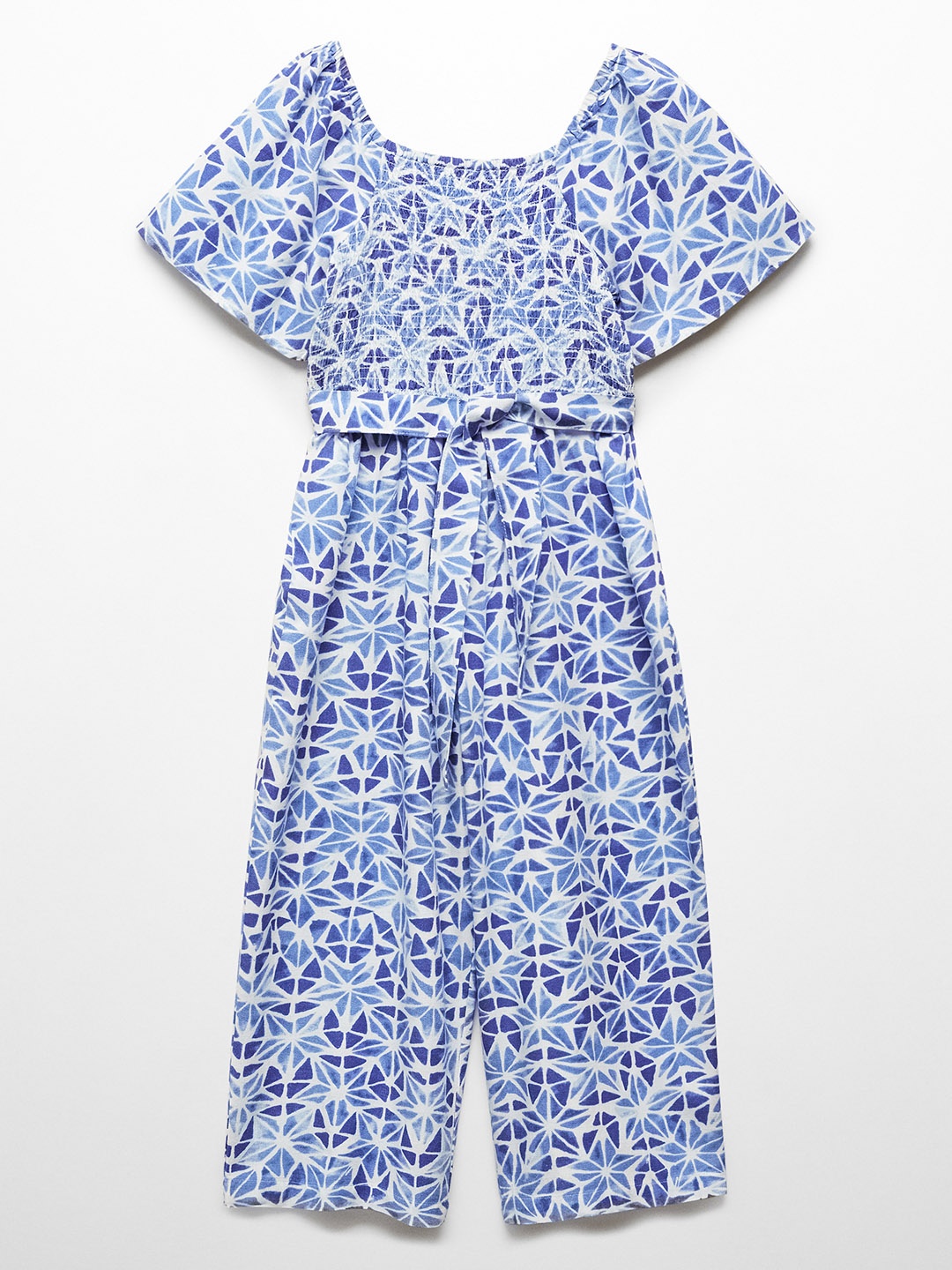 

Mango Kids Girls Printed Smocked Basic Jumpsuit with Ruffles, Blue