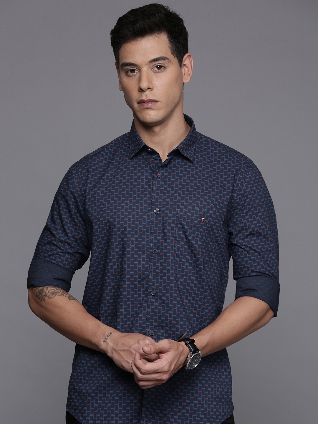 

Louis Philippe Sport Cotton Super Slim Fit Opaque Printed Casual Shirt, Navy blue