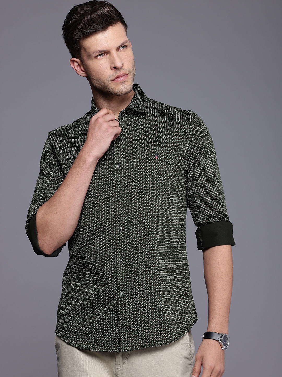 

Louis Philippe Sport Pure Cotton Smart Fit Opaque Printed Casual Shirt, Olive