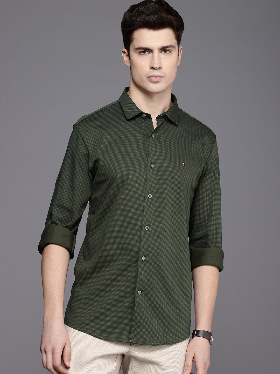 

Louis Philippe Sport Pure Cotton Super Slim Fit Micro Checked Casual Shirt, Olive