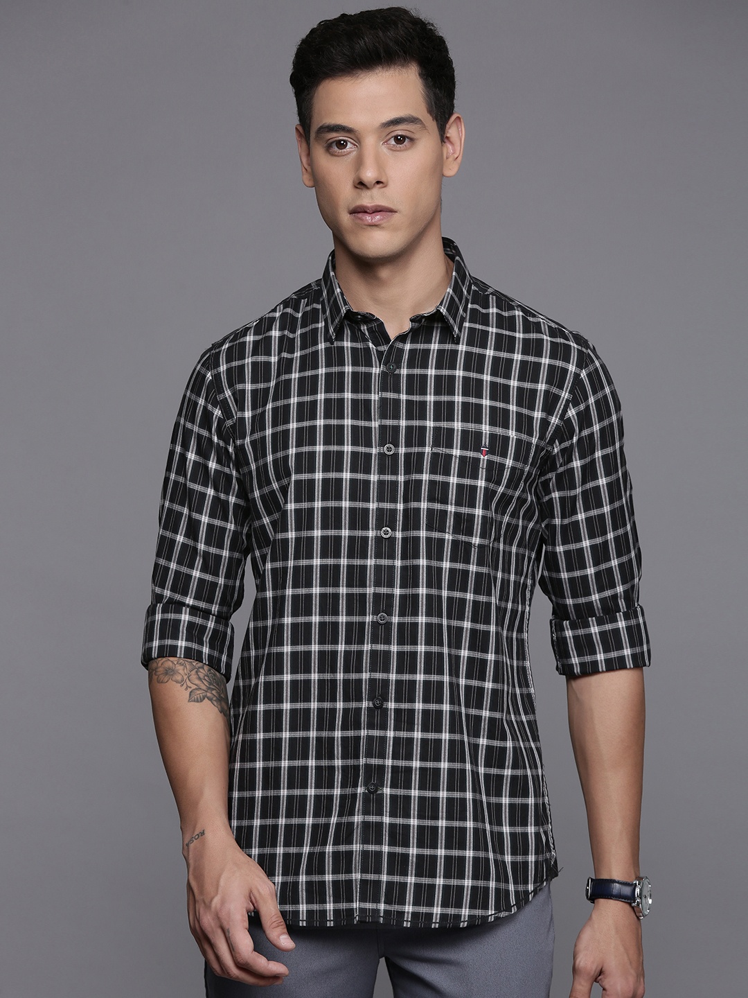 

Louis Philippe Sport Cotton Super Slim Fit Tartan Checked Casual Shirt, Black