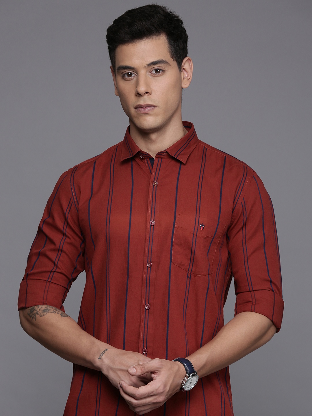 

Louis Philippe Sport Super Slim Fit Striped Pure Cotton Shirt, Rust