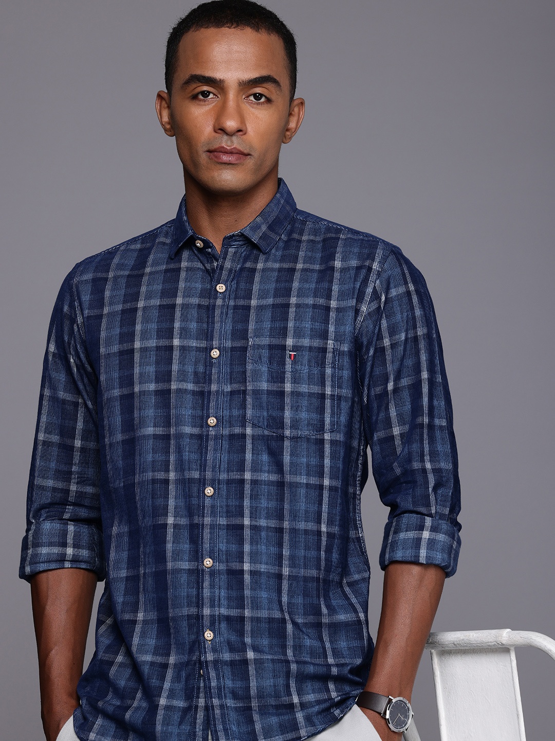 

Louis Philippe Sport Pure Cotton Super Slim Fit Checked Casual Shirt, Navy blue