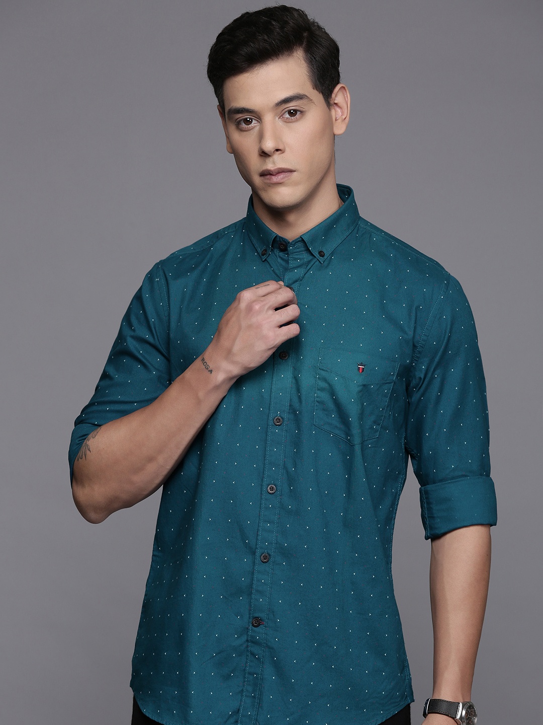

Louis Philippe Sport Cotton Super Slim Fit Opaque Printed Casual Shirt, Teal