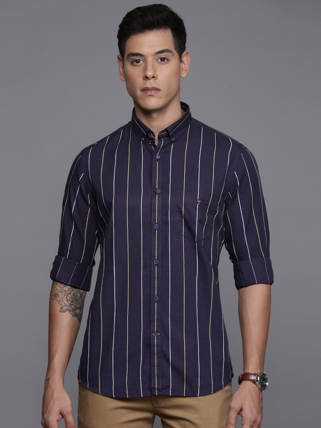 

Louis Philippe Sport Super Slim Fit Striped Pure Cotton Shirt, Navy blue