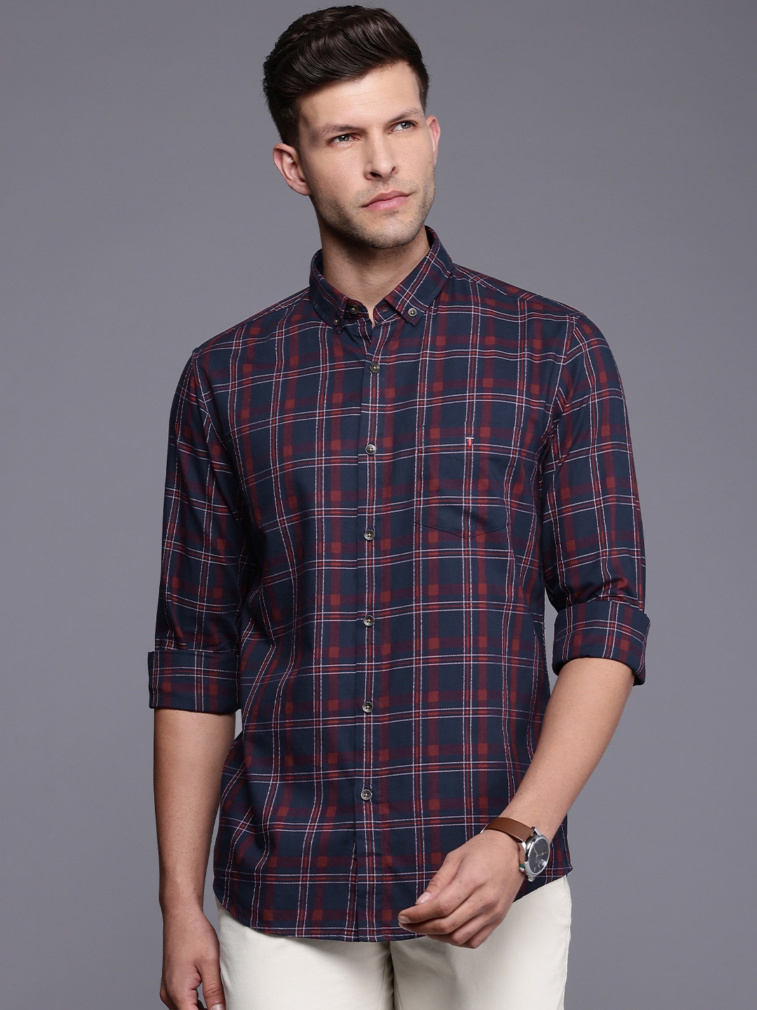 

Louis Philippe Sport Super Slim Fit Checked Pure Cotton Casual Shirt, Navy blue