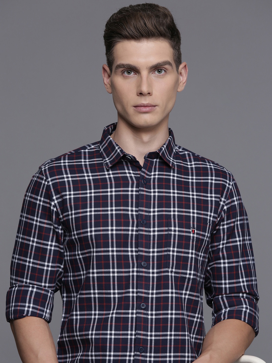 

Louis Philippe Sport Pure Cotton Super Slim Fit Checked Casual Shirt, Navy blue