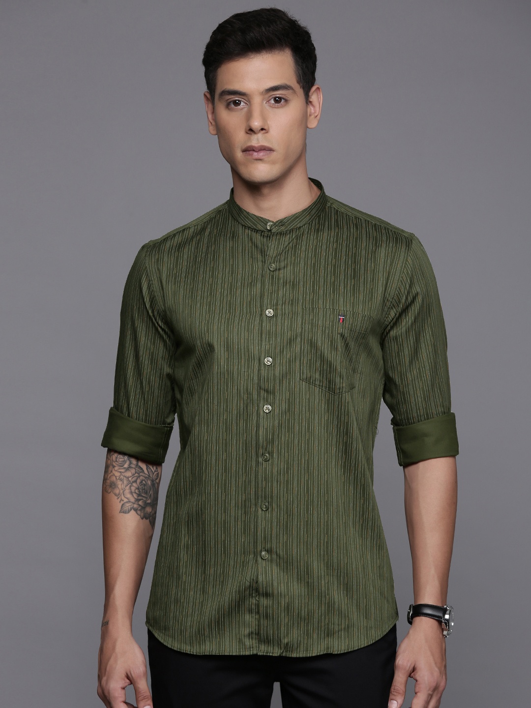 

Louis Philippe Sport Super Slim Fit Striped Pure Cotton Shirt, Olive