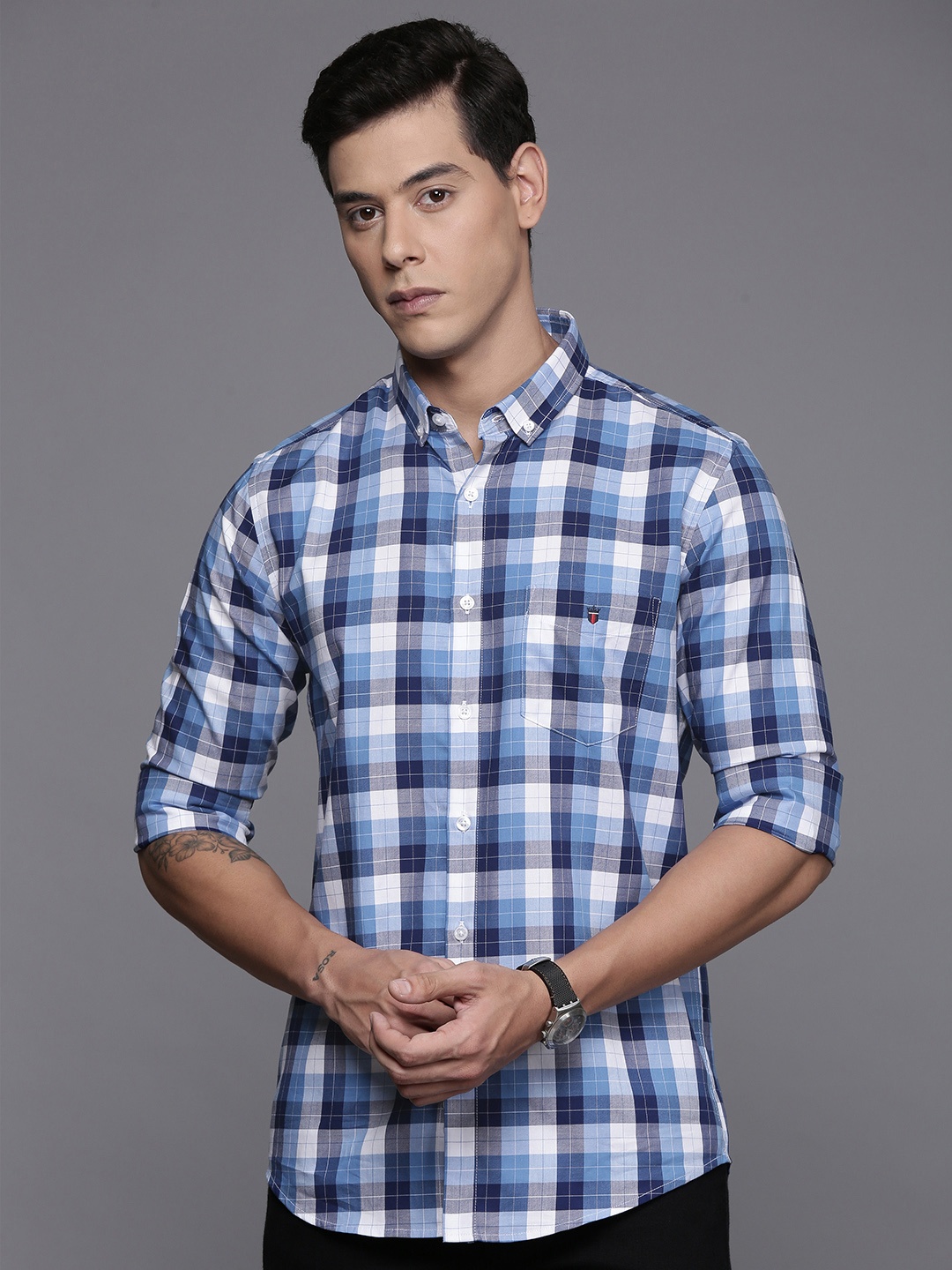 

Louis Philippe Sport Cotton Super Slim Fit Tartan Checked Casual Shirt, Blue