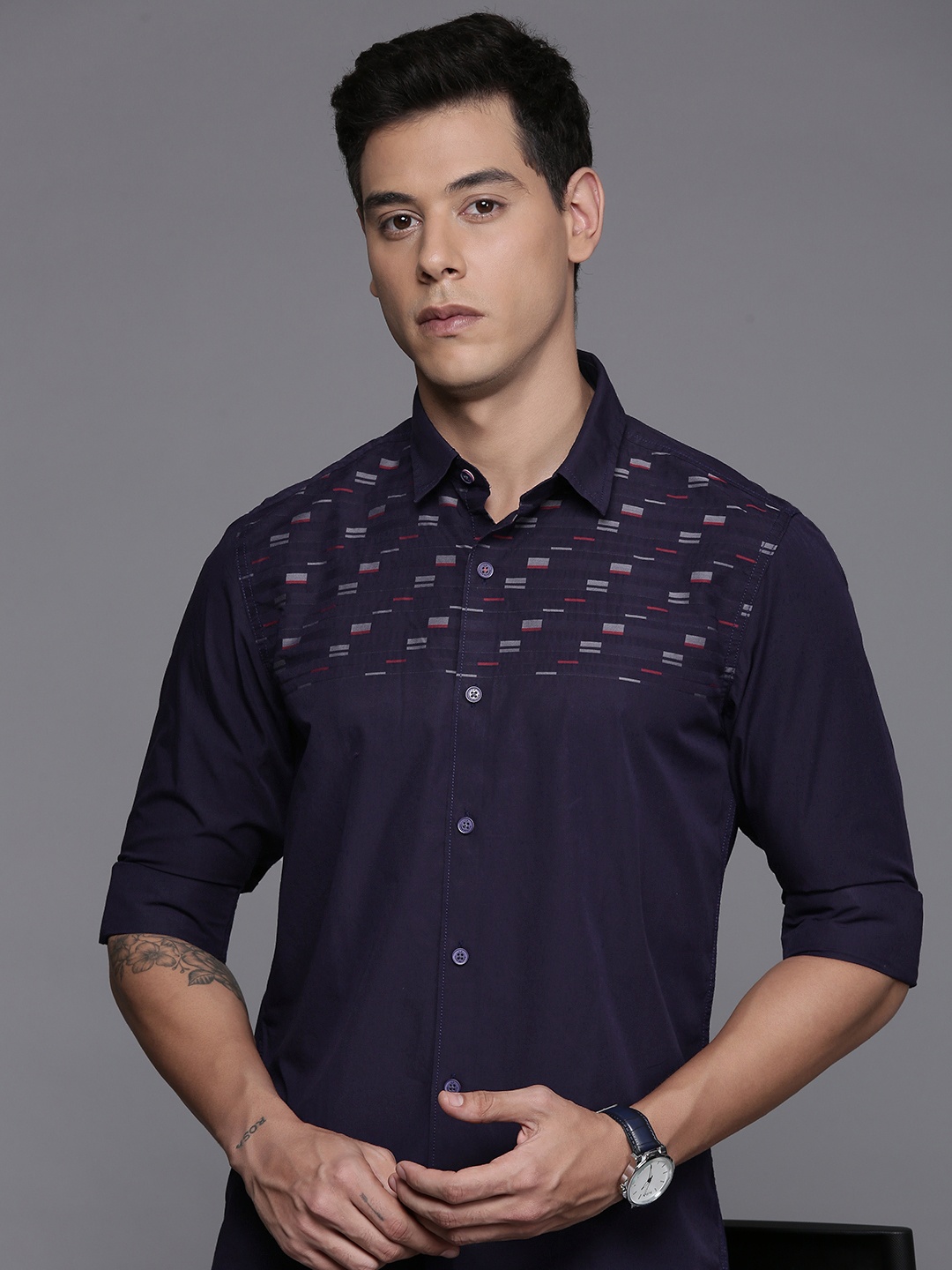 

Louis Philippe Sport Cotton Super Slim Fit Opaque Printed Casual Shirt, Navy blue