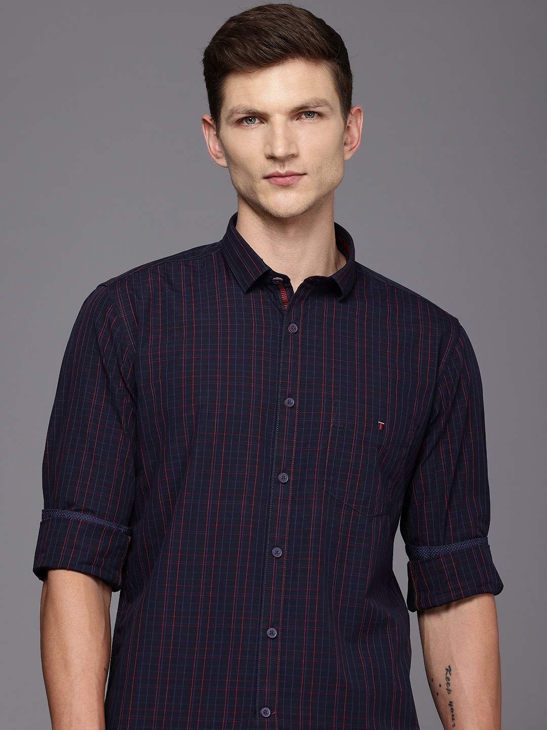 

Louis Philippe Sport Pure Cotton Super Slim Fit Opaque Checked Casual Shirt, Navy blue