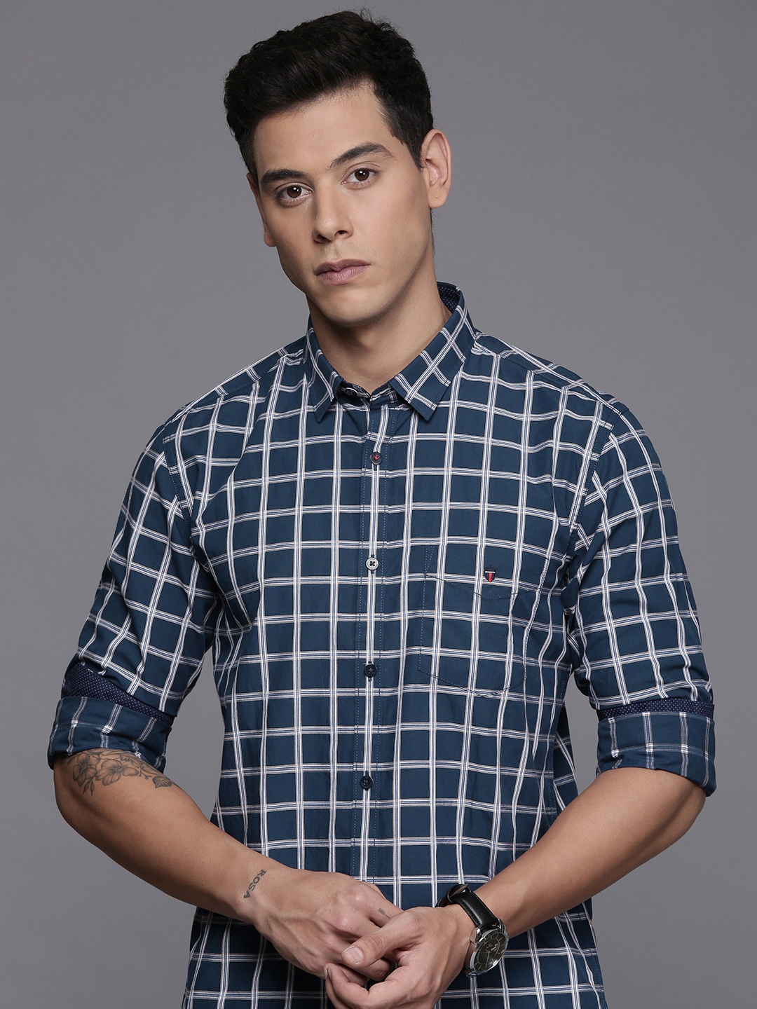 

Louis Philippe Sport Super Slim Fit Checks Pure Cotton Shirt, Navy blue