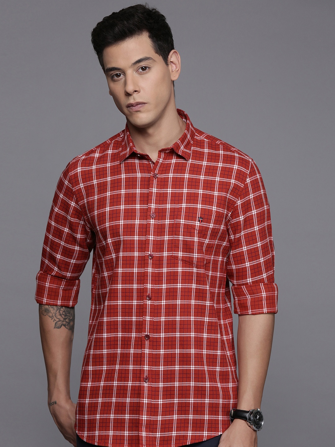 

Louis Philippe Sport Super Slim Fit Plaid Checks Pure Cotton Shirt, Red
