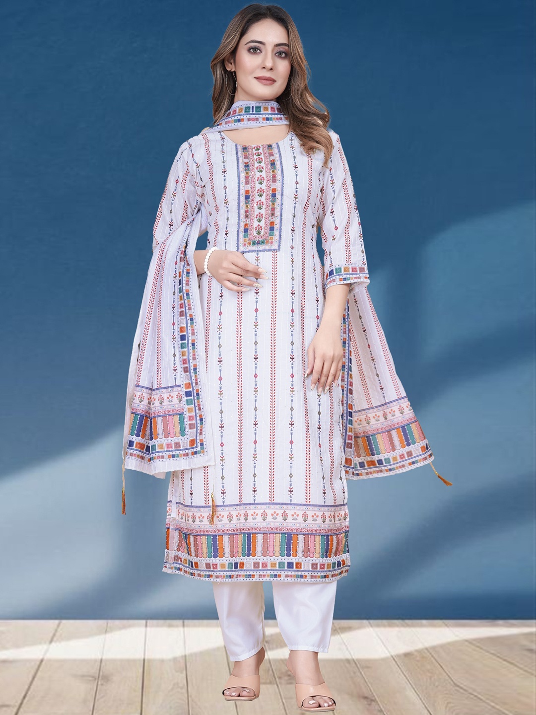 

N N ENTERPRISE Ethnic Motifs Printed Regular Sequinned Kurta with Trouser & With Dupatta, White