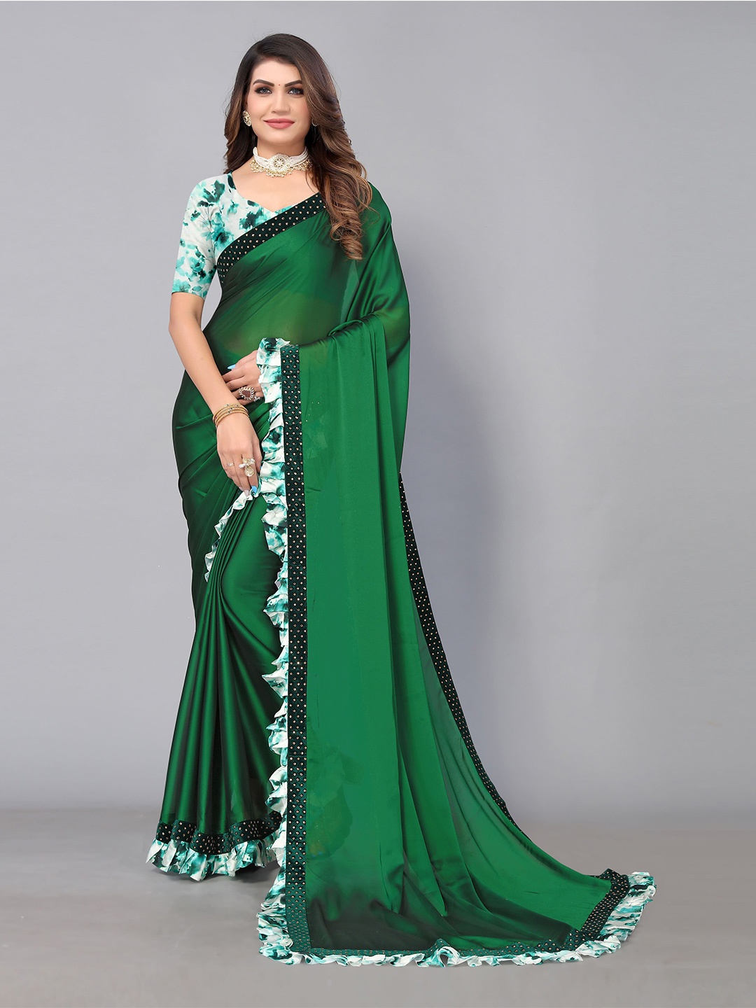 

Sunasi Beads and Stones Satin Embellished Border Saree, Green