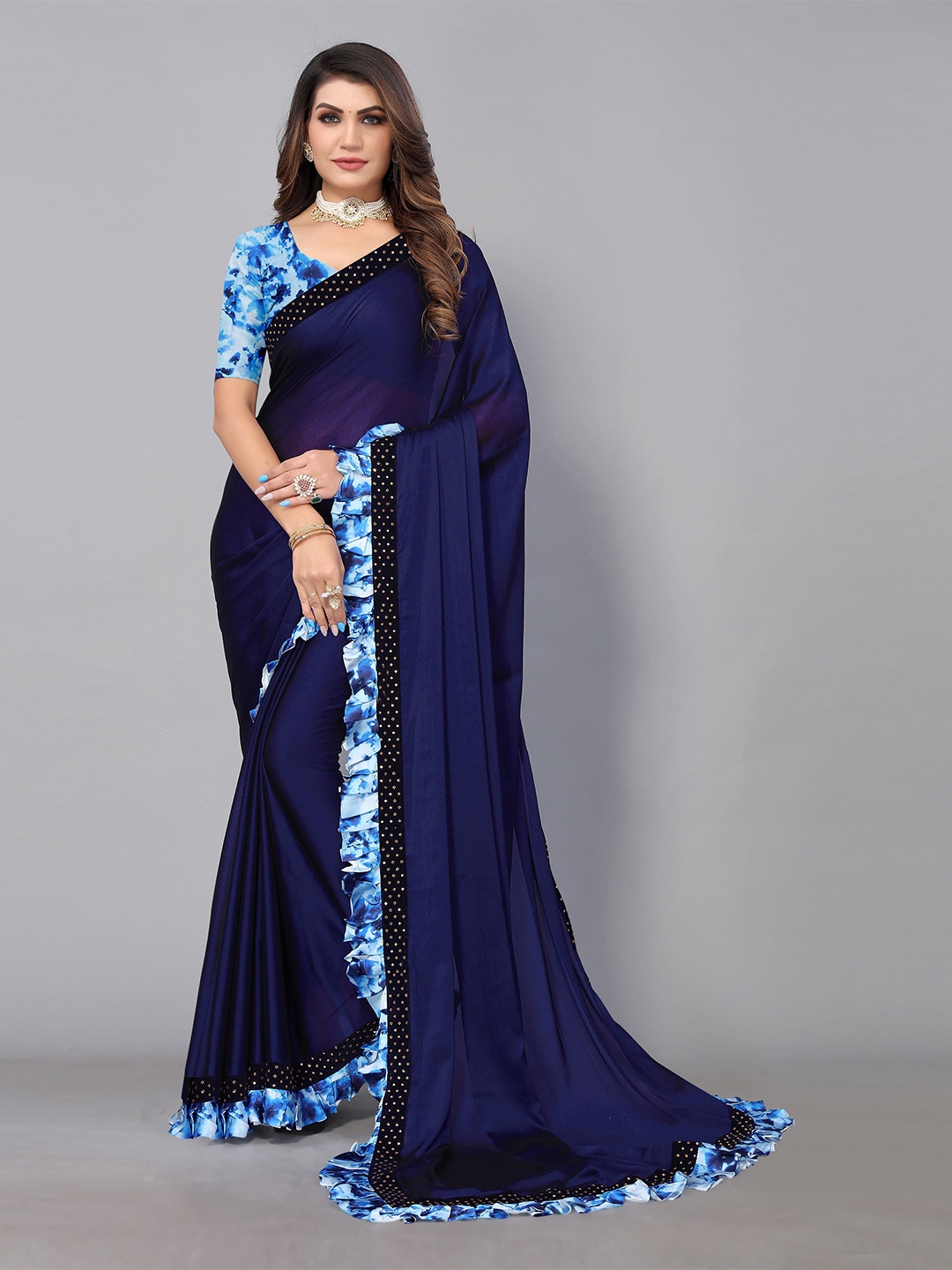 

Sunasi Beads and Stones Satin Saree, Navy blue