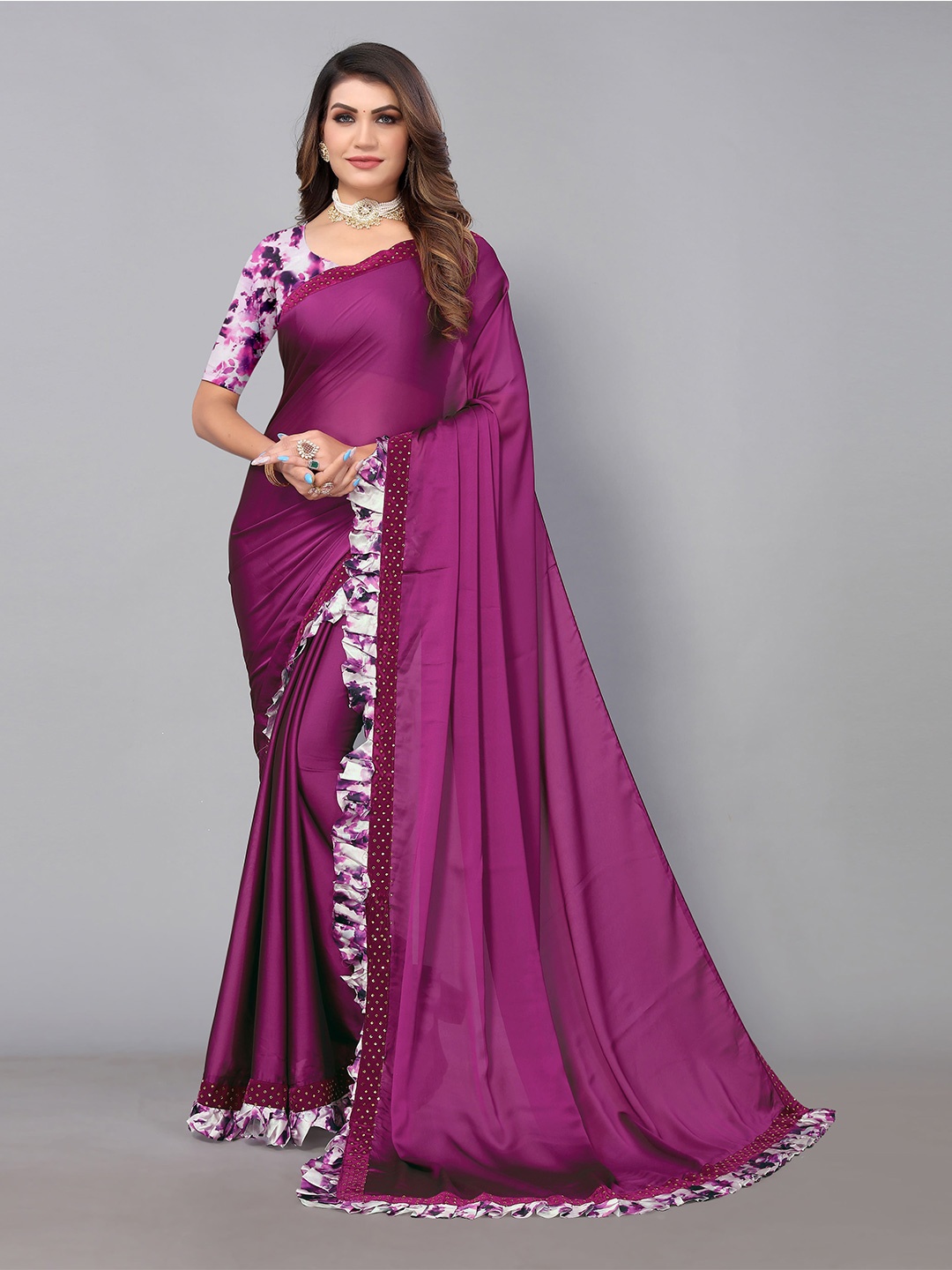 

Sunasi Beads and Stones Satin Embellished Border Saree, Purple