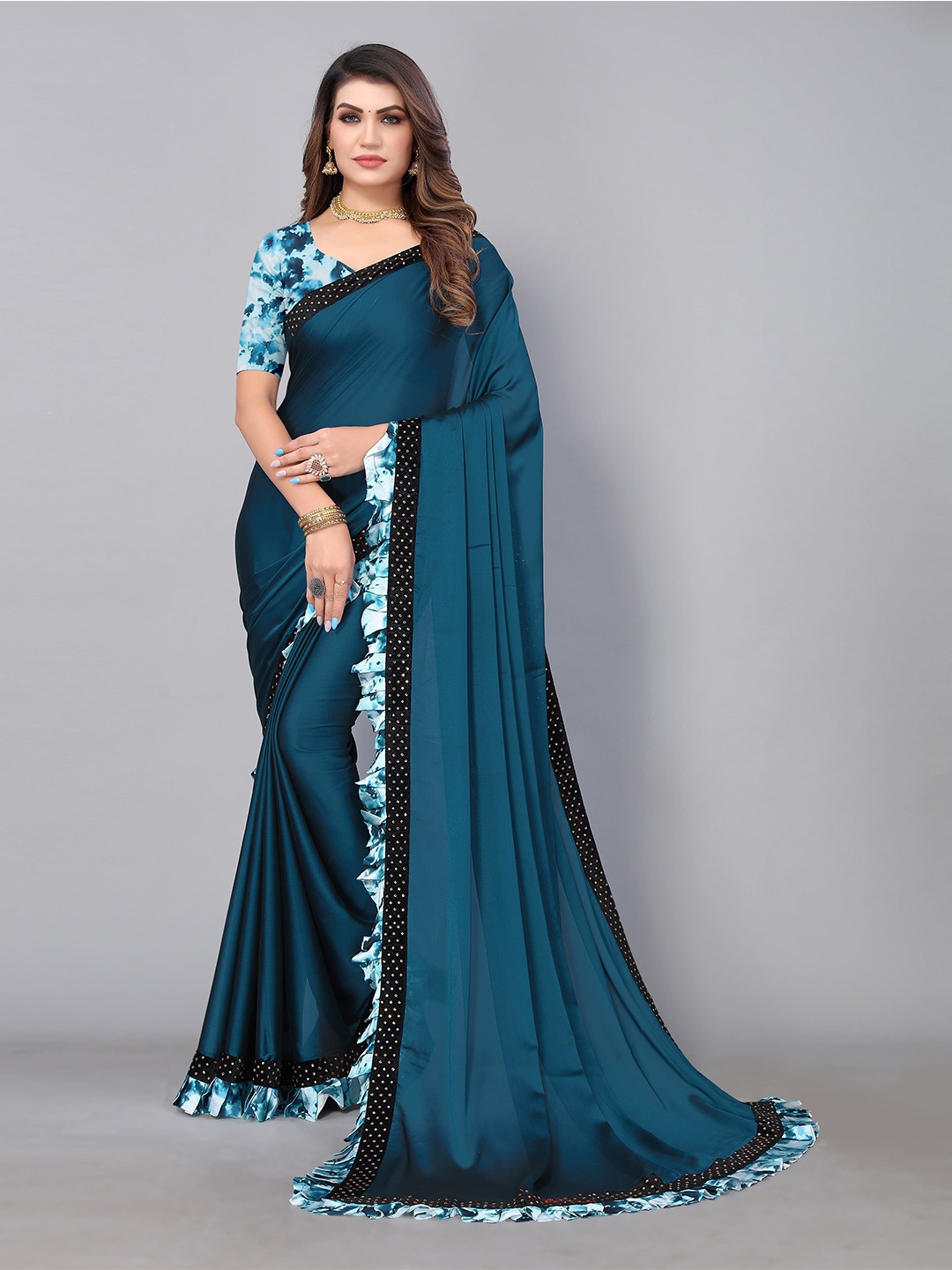 

Sunasi Beads and Stones Satin Embellished Border Saree, Teal