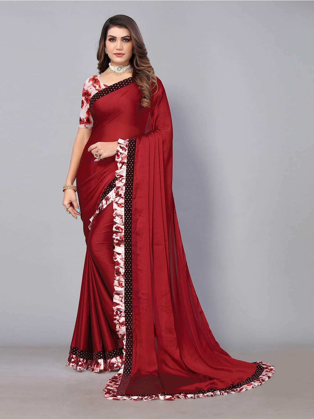 

Sunasi Beads and Stones Satin Saree, Maroon