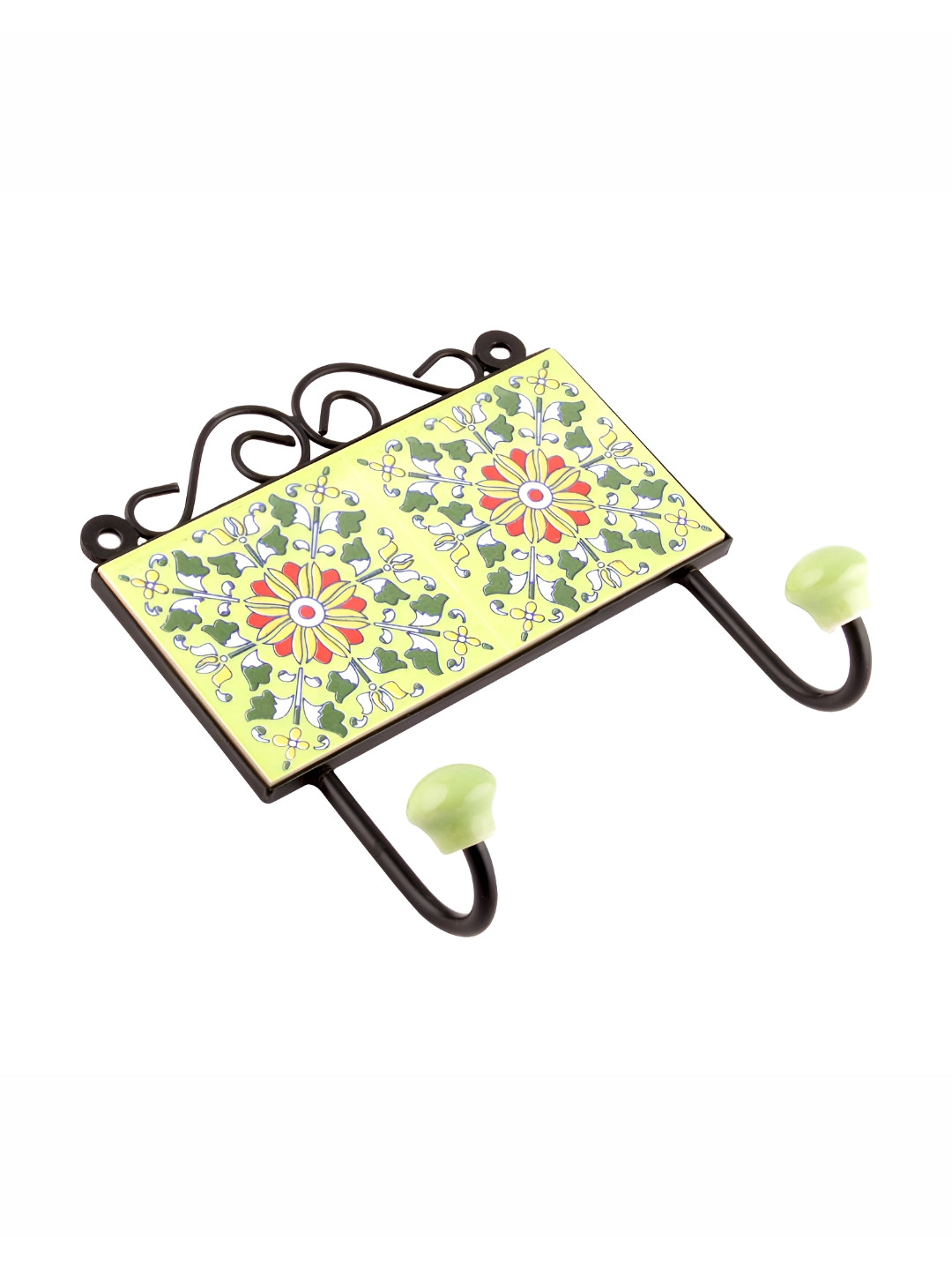 

Indianshelf Green & Yellow Floral Printed Rectangle Shape Ceramic Tile Wall Hook