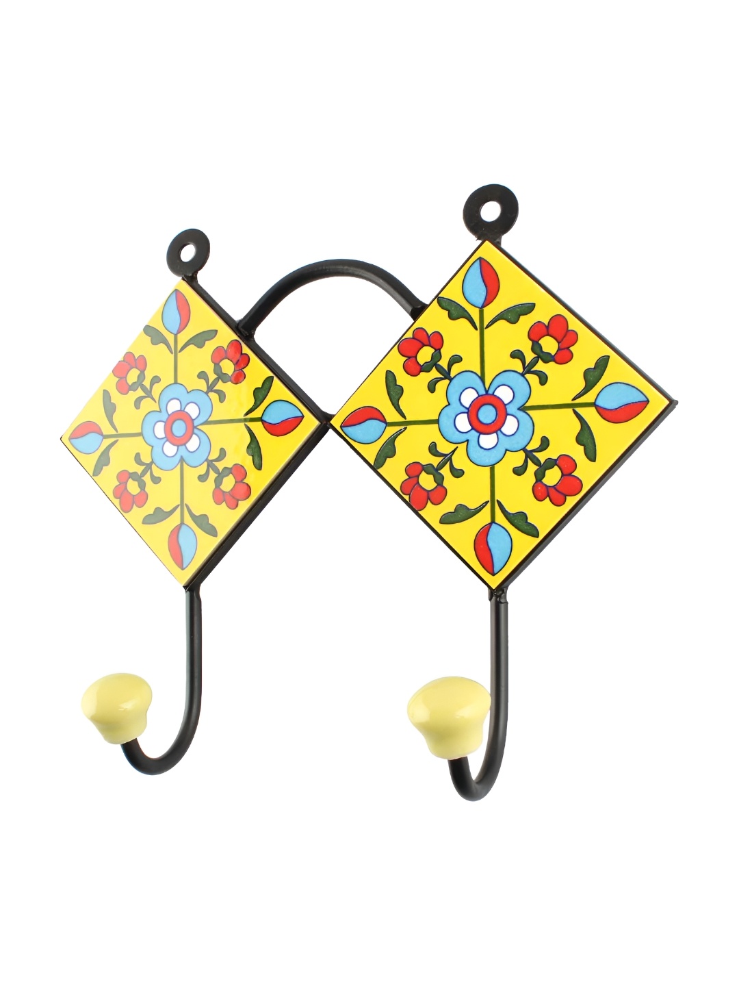 

Indianshelf Yellow Ceramic Flower Tile Wall Hooks Key Holder