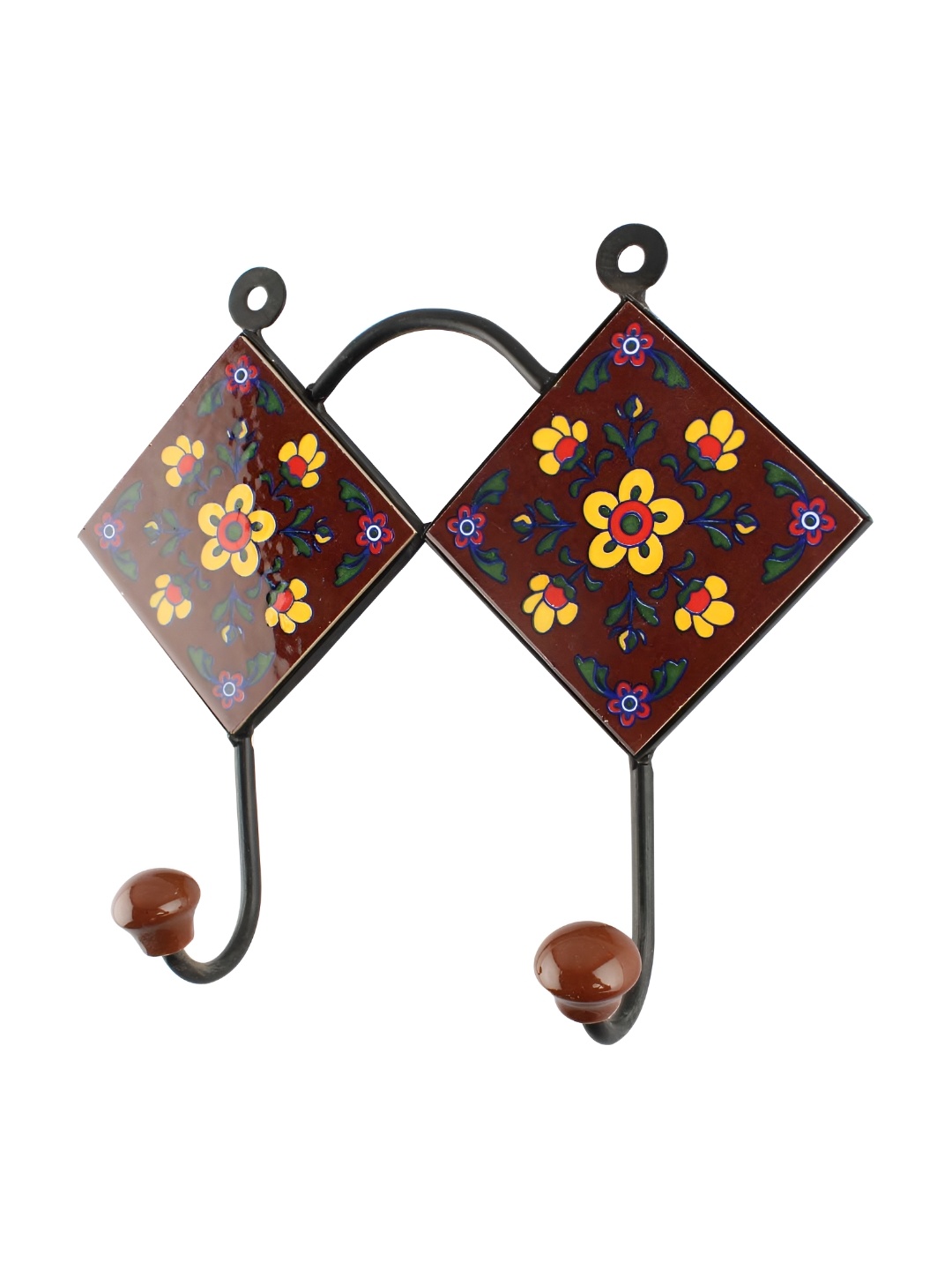 

Indianshelf Yellow & Brown Floral Printed Rectangle Shape Ceramic Tile Wall Hook