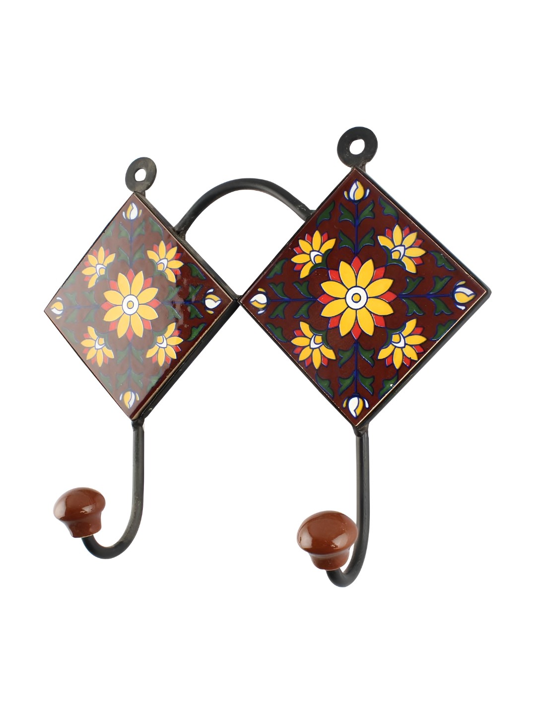 

Indianshelf Brown & Yellow Sunflower Printed Ceramic Tile Wall Hook Key Holder