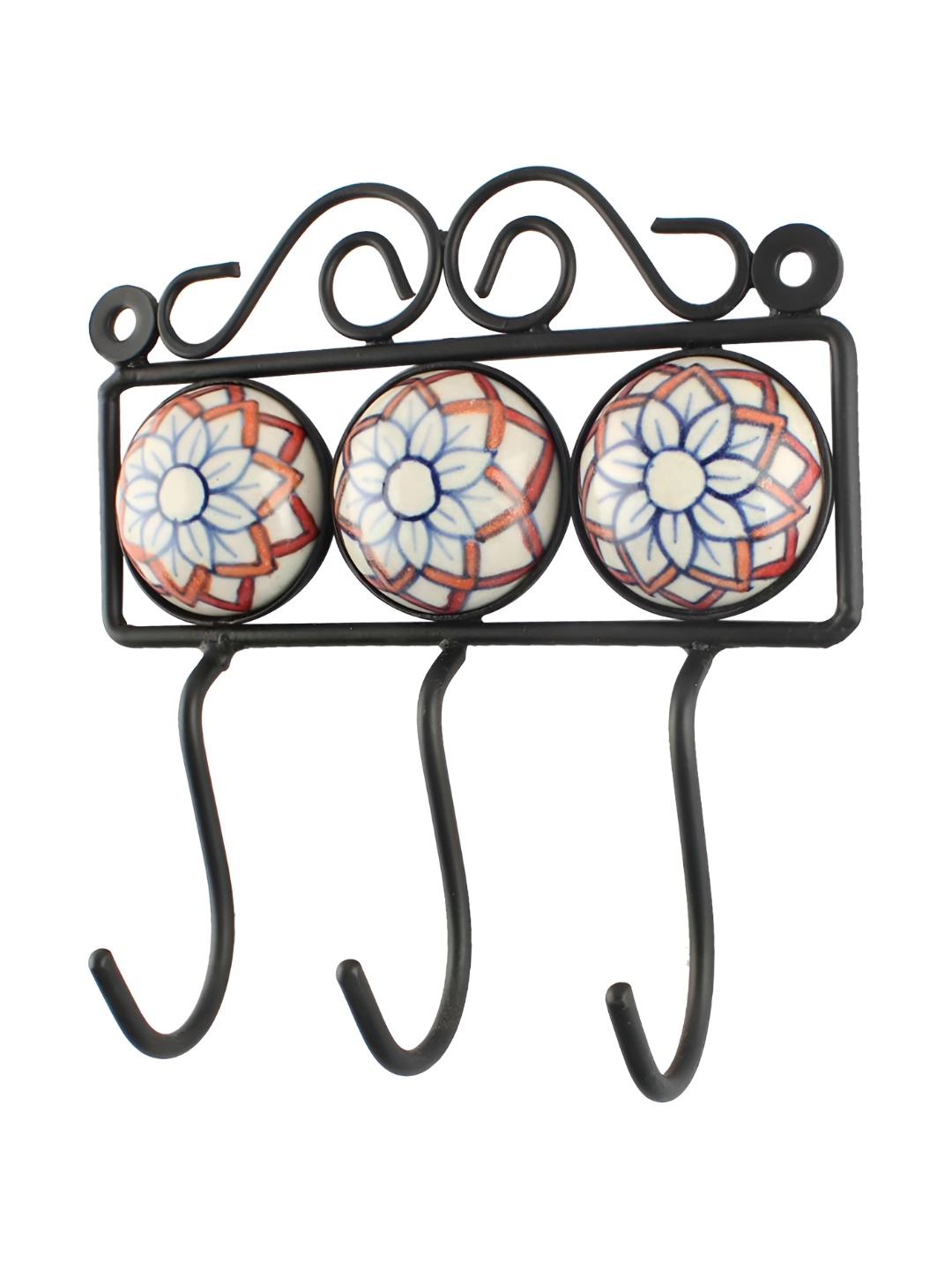 

Indianshelf White & Blue Floral Printed Ceramic Wall Hook Key Holder