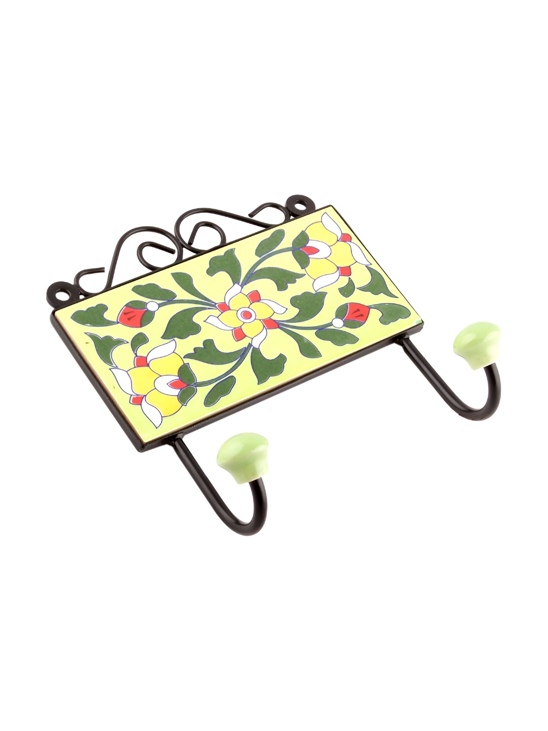 

Indianshelf Yellow & Green Floral Printed Rectangle Shape Ceramic Tile Wall Hook