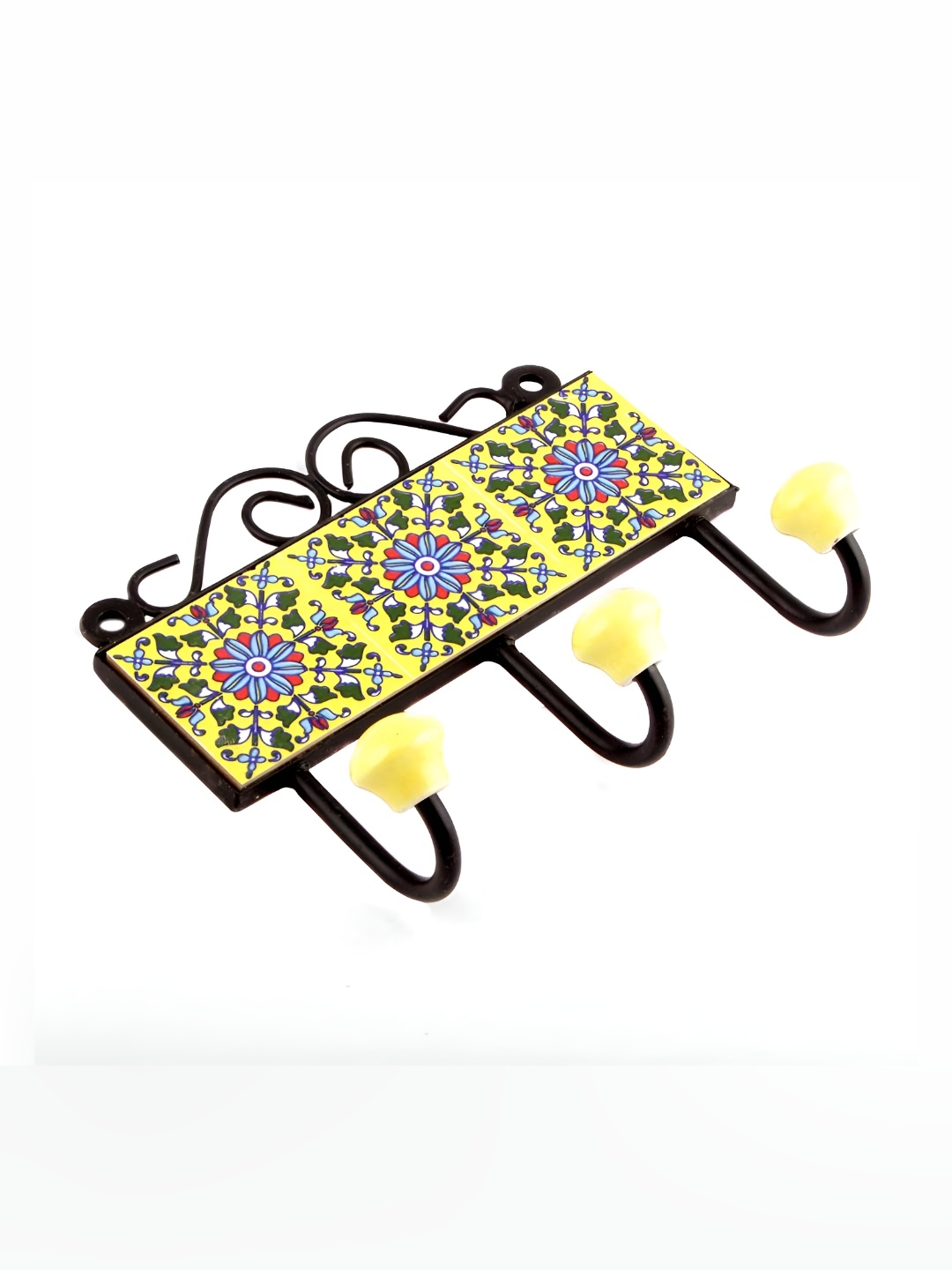

Indianshelf Yellow & Blue Floral Printed Rectangle Shape Ceramic Tile Wall Hook