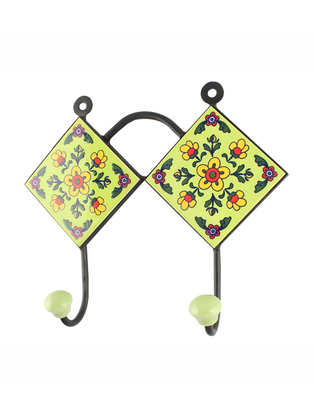 

Indianshelf Yellow & Green Floral Printed Rectangle Shape Ceramic Tile Wall Hook
