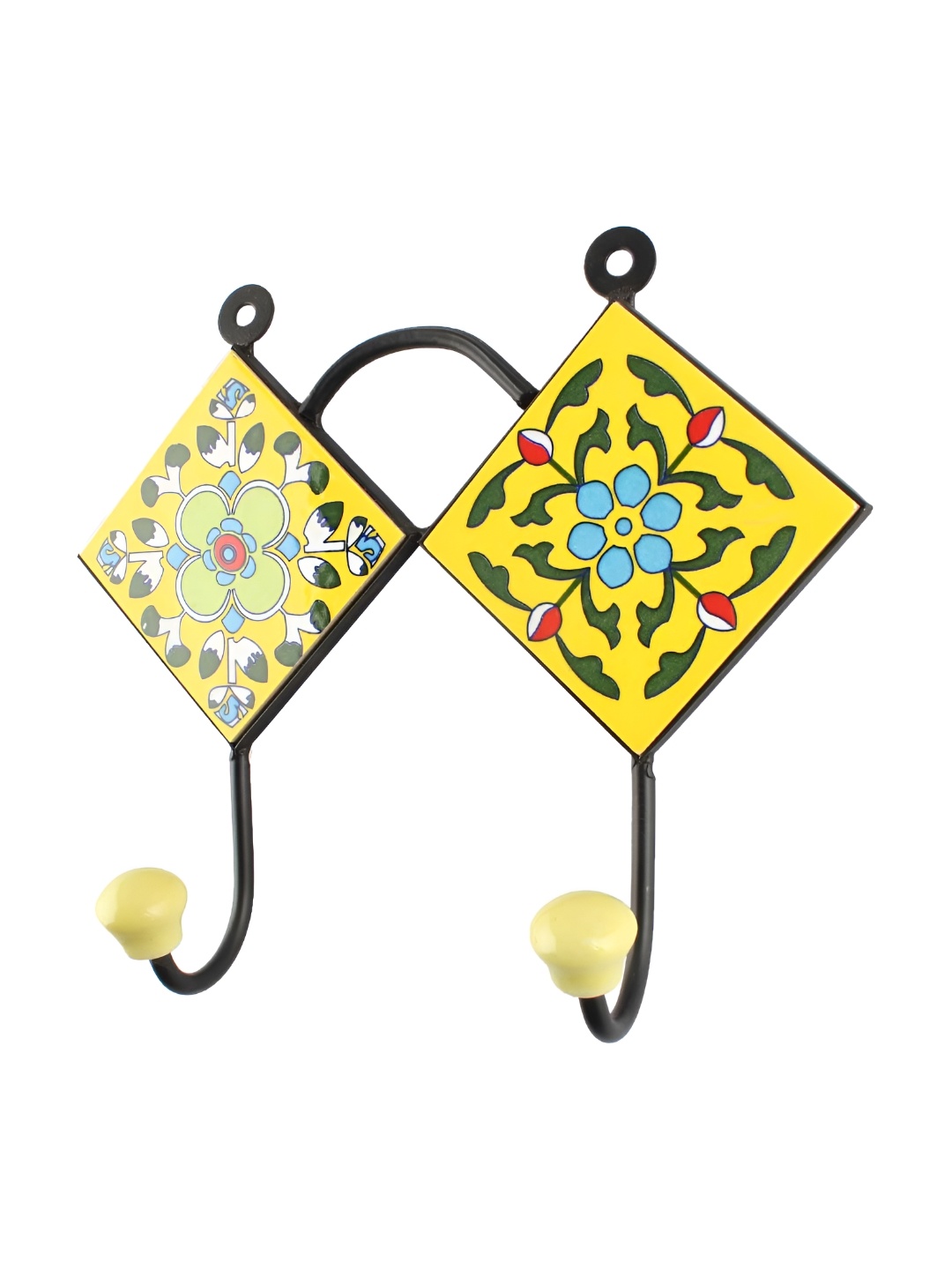 

Indianshelf Yellow & Green Floral Printed Rectangle Shape Ceramic Tile Wall Hook