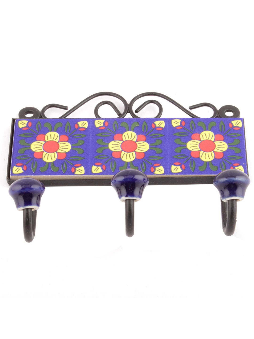 

Indianshelf Blue & Yellow Metal Floral Tile Wall Hooks Key Holder