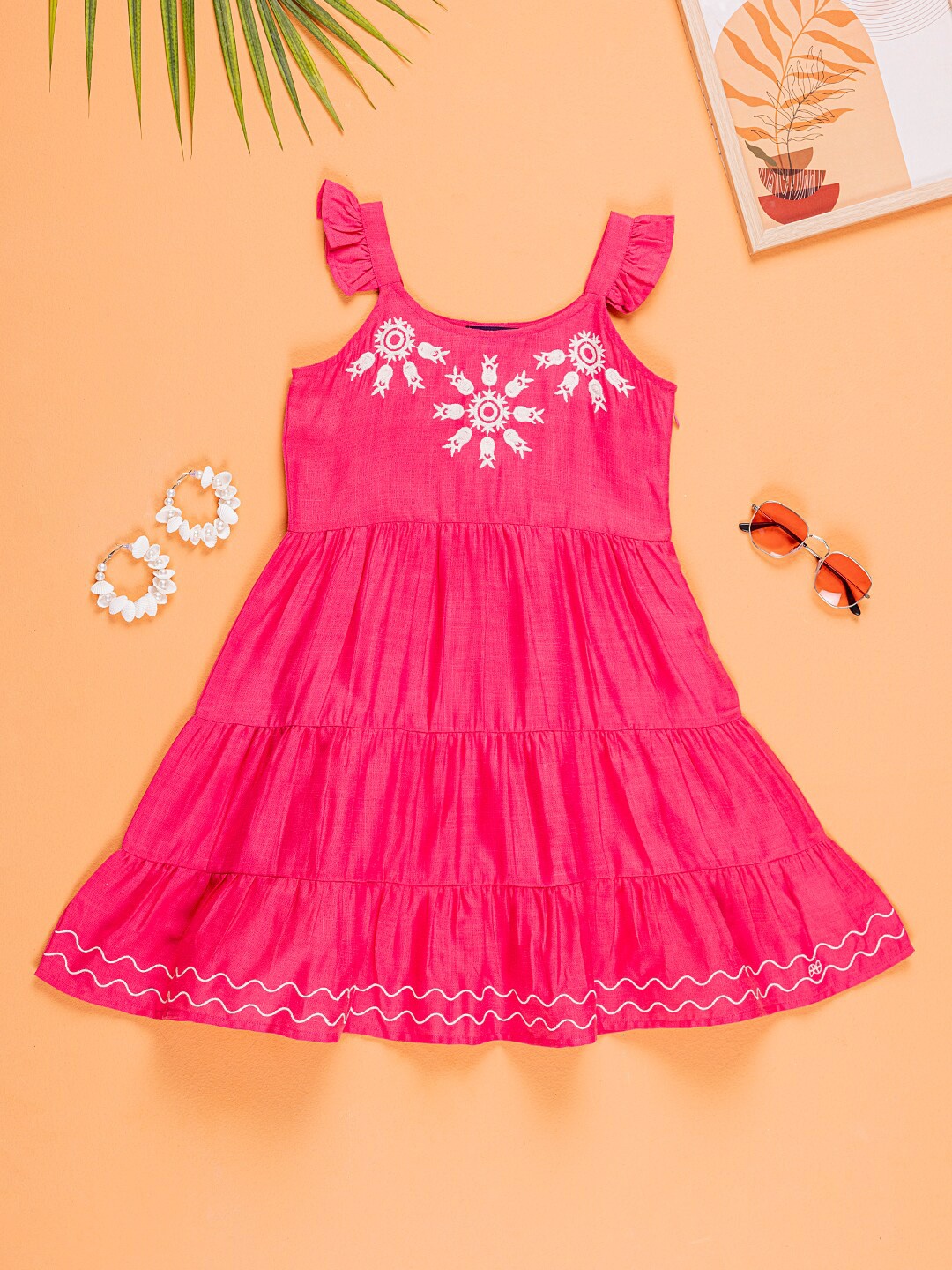 

Purple United Kids Girls Embroidered Tiered Cotton Fit & Flare Dress, Fuchsia