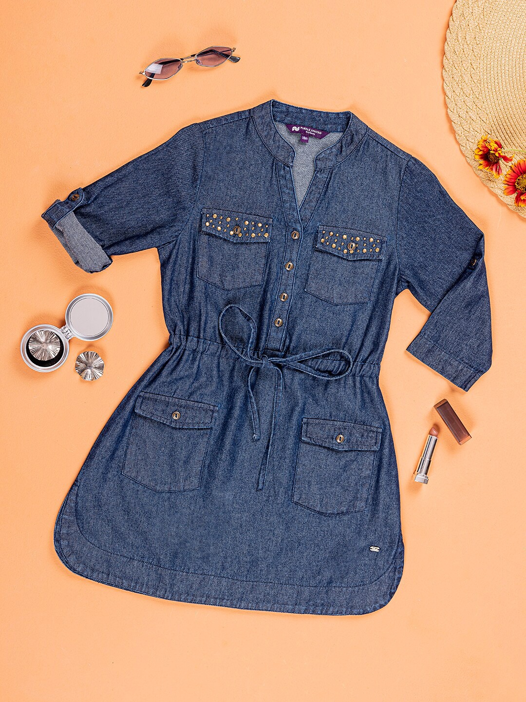 

Purple United Kids Girls Embellished Denim Shirt Style Dress, Blue
