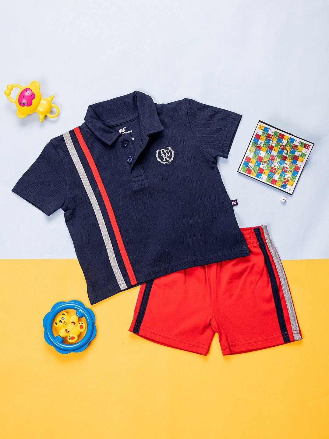 

Purple Kids Boys Striped Pure Cotton T-shirt with Shorts, Navy blue