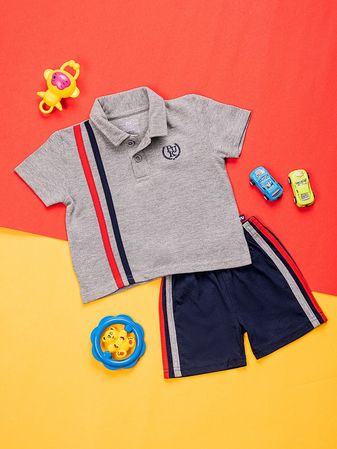 

Purple United Kids Boys Striped Pure Cotton T-shirt with Shorts, Grey melange