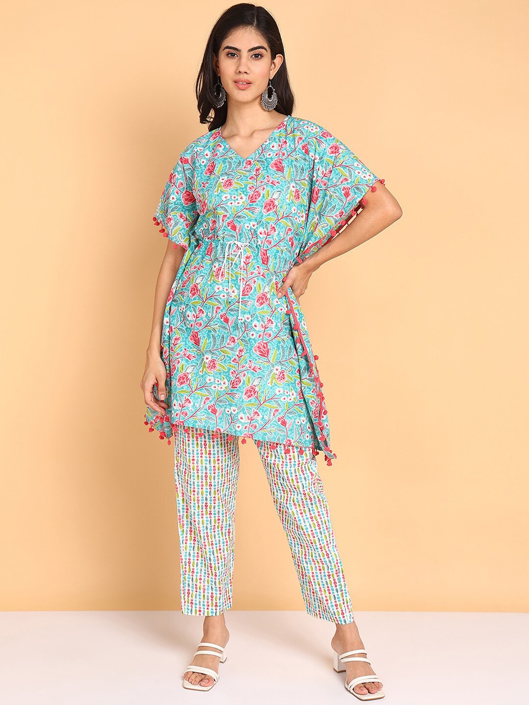 

BLOCKS OF INDIA Printed Pure Cotton Top & Trouser, Turquoise blue