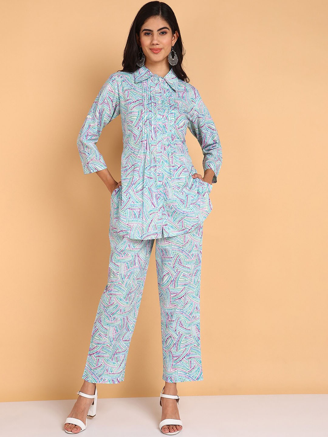 

BLOCKS OF INDIA Printed Pure Cotton Shirt With Trousers, Blue