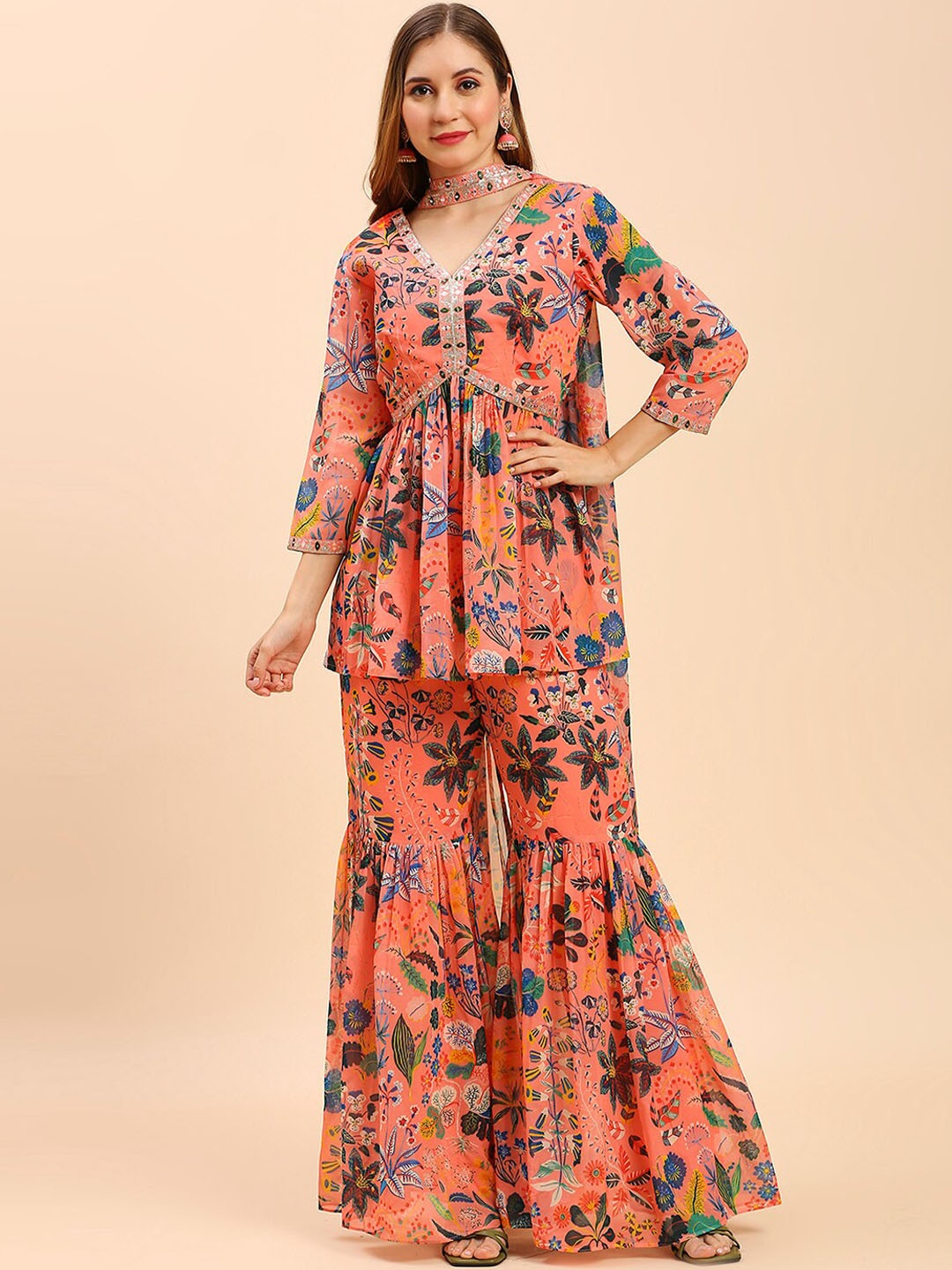 

MADHURAM V Neck Floral Printed A Line Kurti with Sharara & Dupatta, Peach