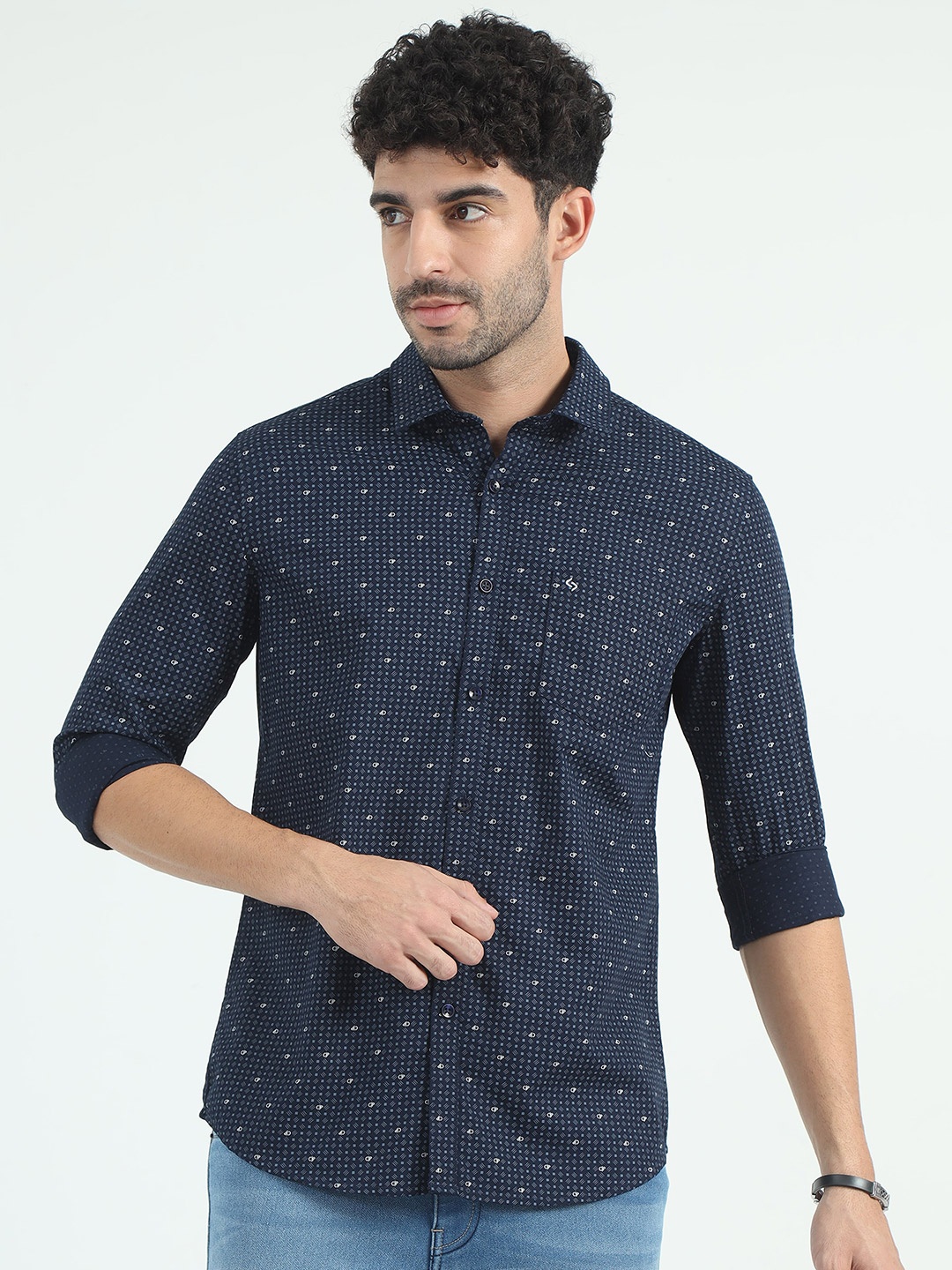 

Classic Polo Slim Fit Micro Ditsy Printed Cotton Casual Shirt, Navy blue