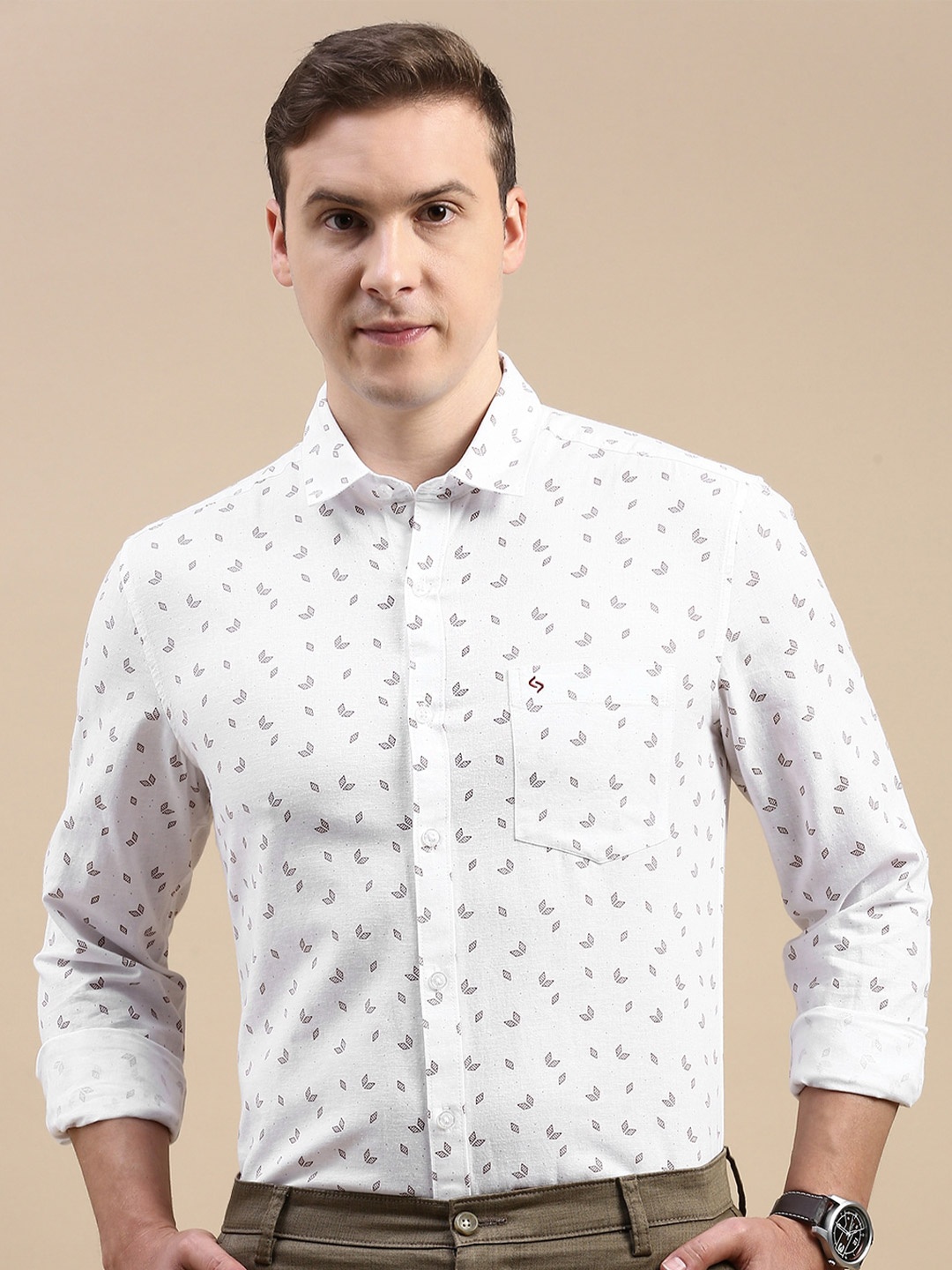 

Classic Polo Slim Fit Floral Printed Cotton Linen Casual Shirt, White