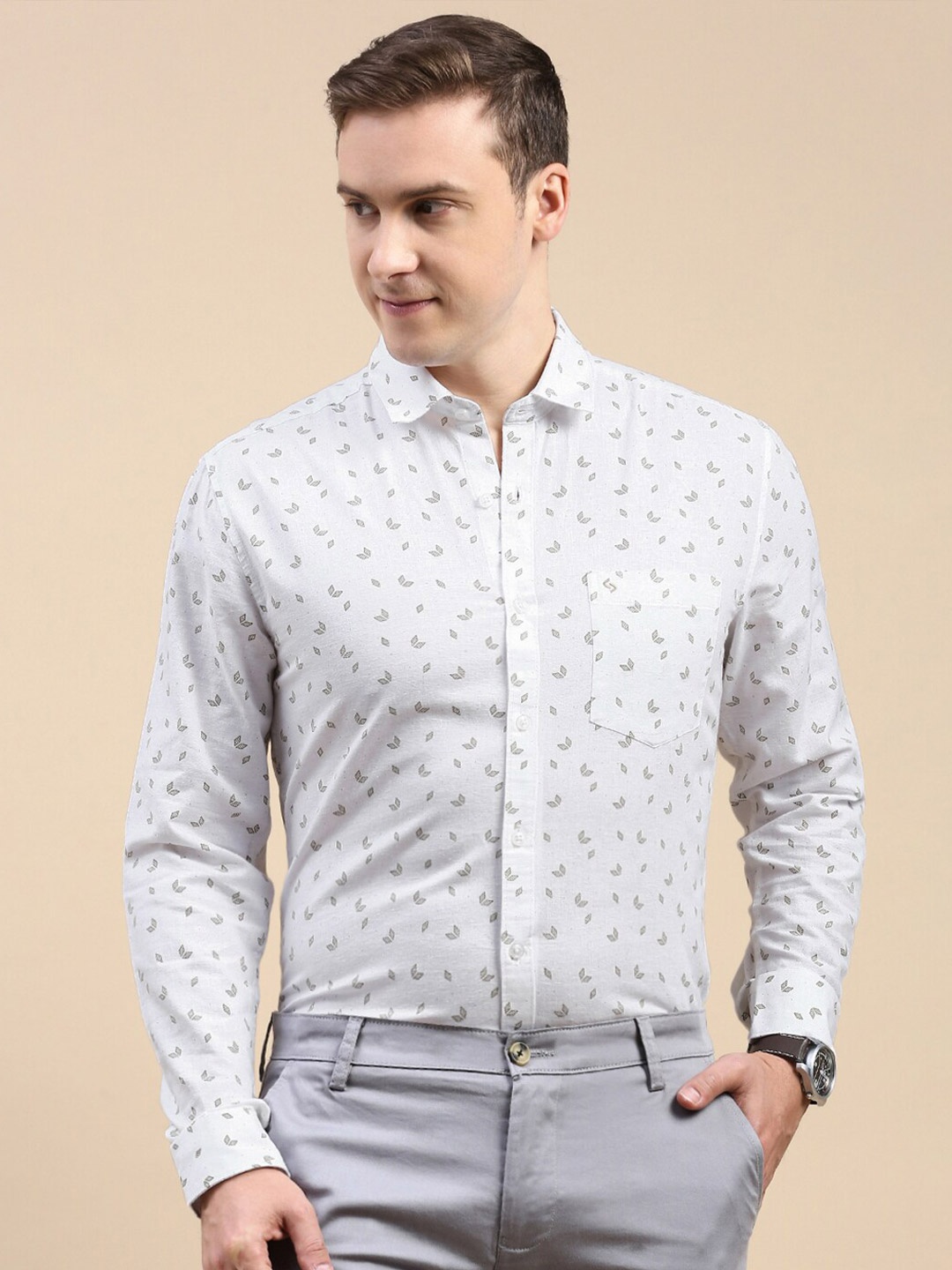 

Classic Polo Slim Fit Floral Printed Cotton Linen Casual Shirt, White