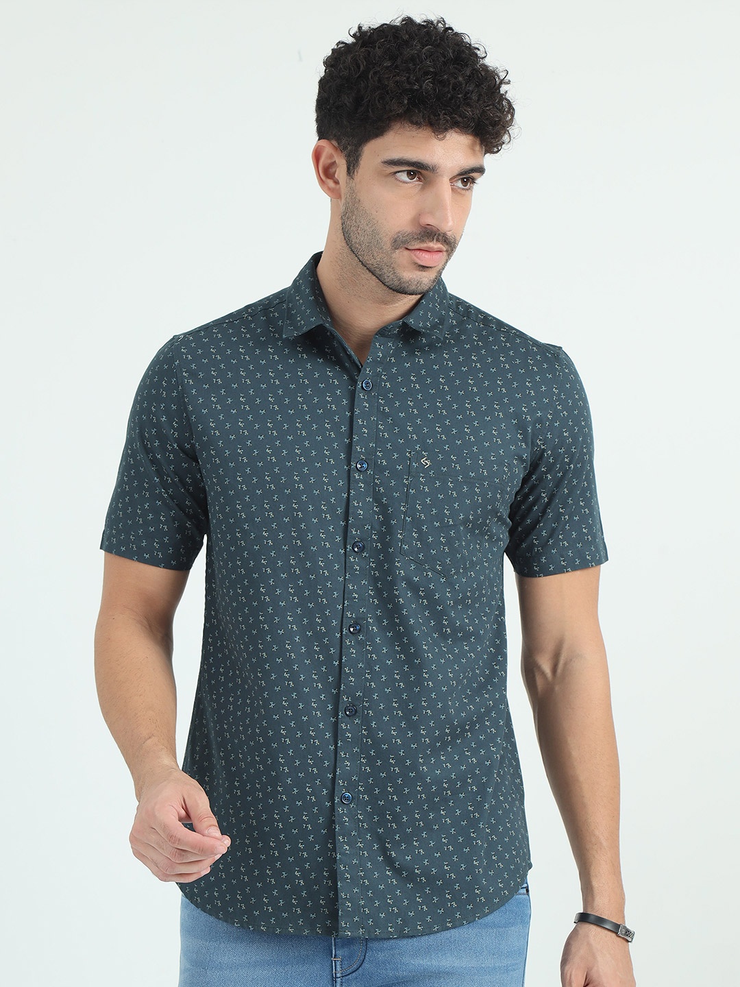 

Classic Polo India Slim Fit Floral Printed Spread Collar Cotton Shirt, Green